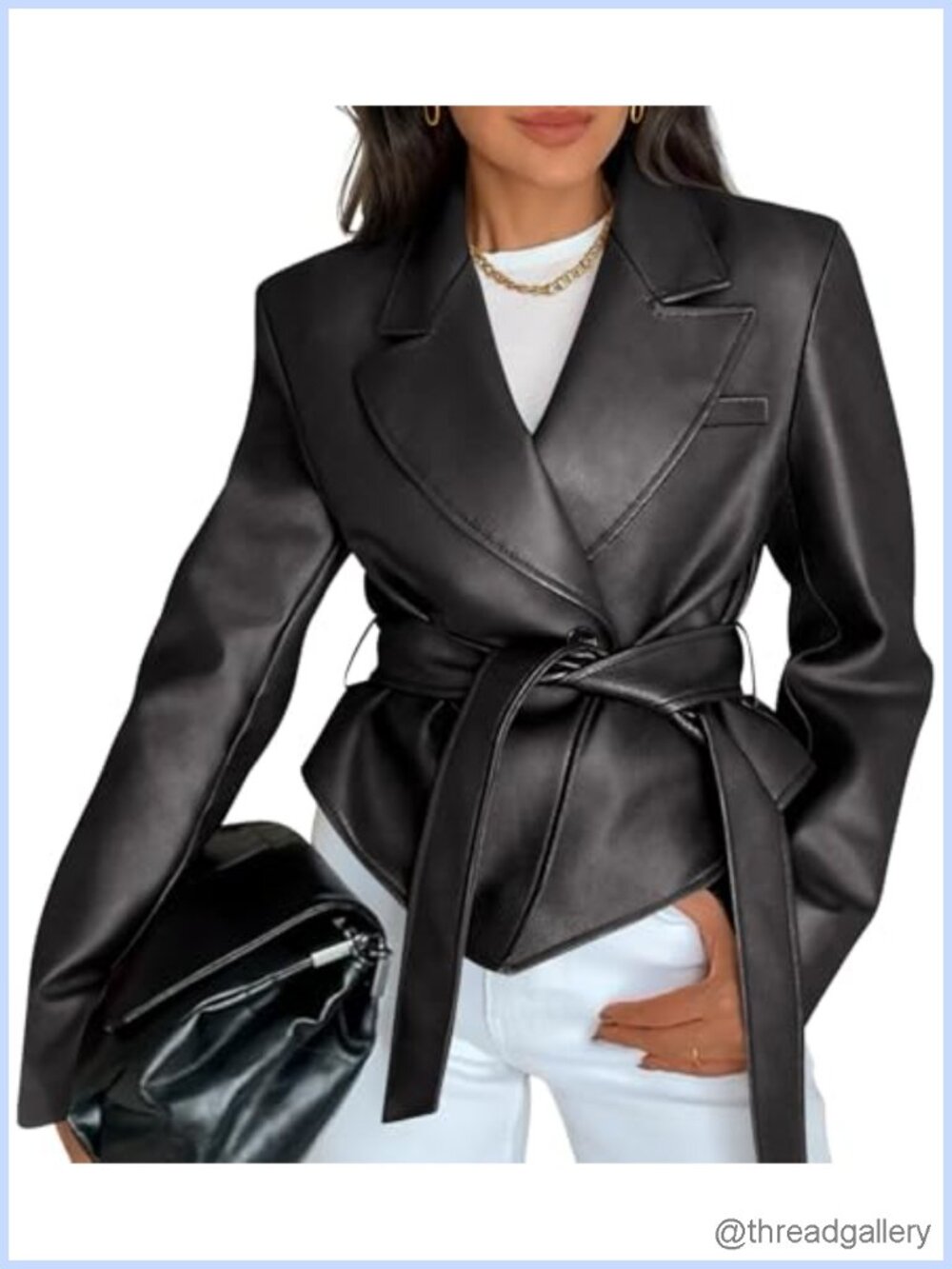Faux Leather Motorcycle Jacket Button Down Blazer with Removable Belt